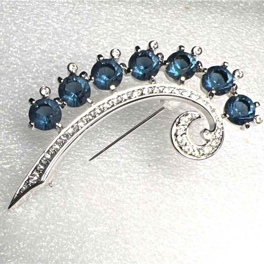 Nolan Miller Glamour Collection Brooch 3" Blue Clear Rhinestones Pave Silver Ton